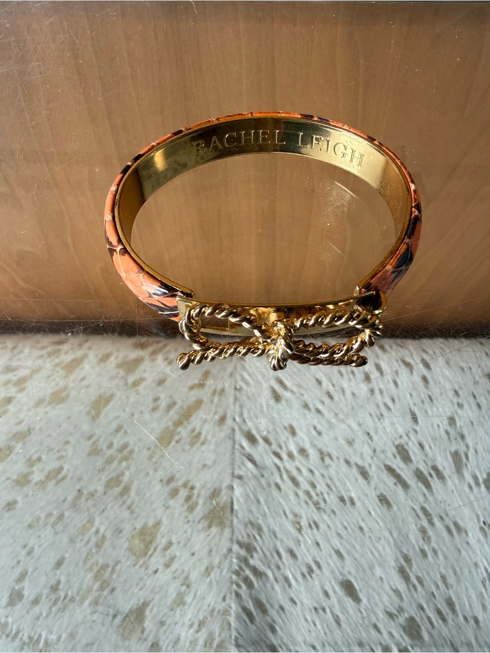 Orange & Brown Snakeskin Bracelet/Bangle with Gold Bow Clasp